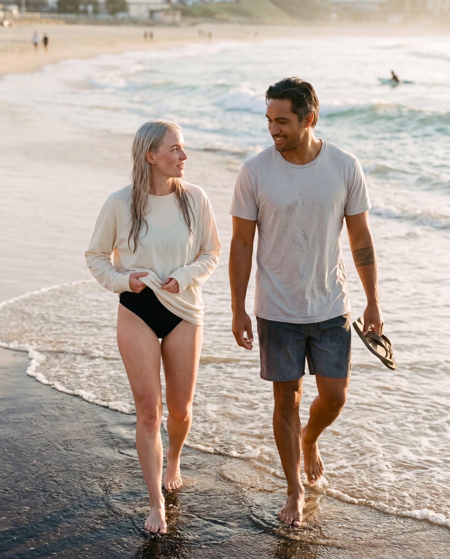 A couple walking together at Bondi Beach during golden hour — the Found moment