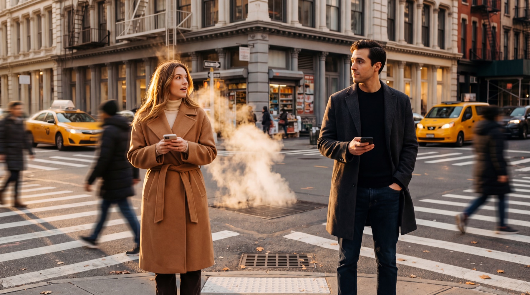 Two strangers crossing paths on a busy city street — the Found moment
