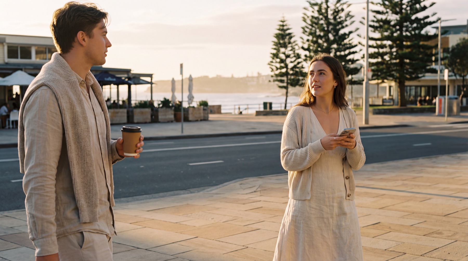 Two people crossing paths on a beautiful sunny day