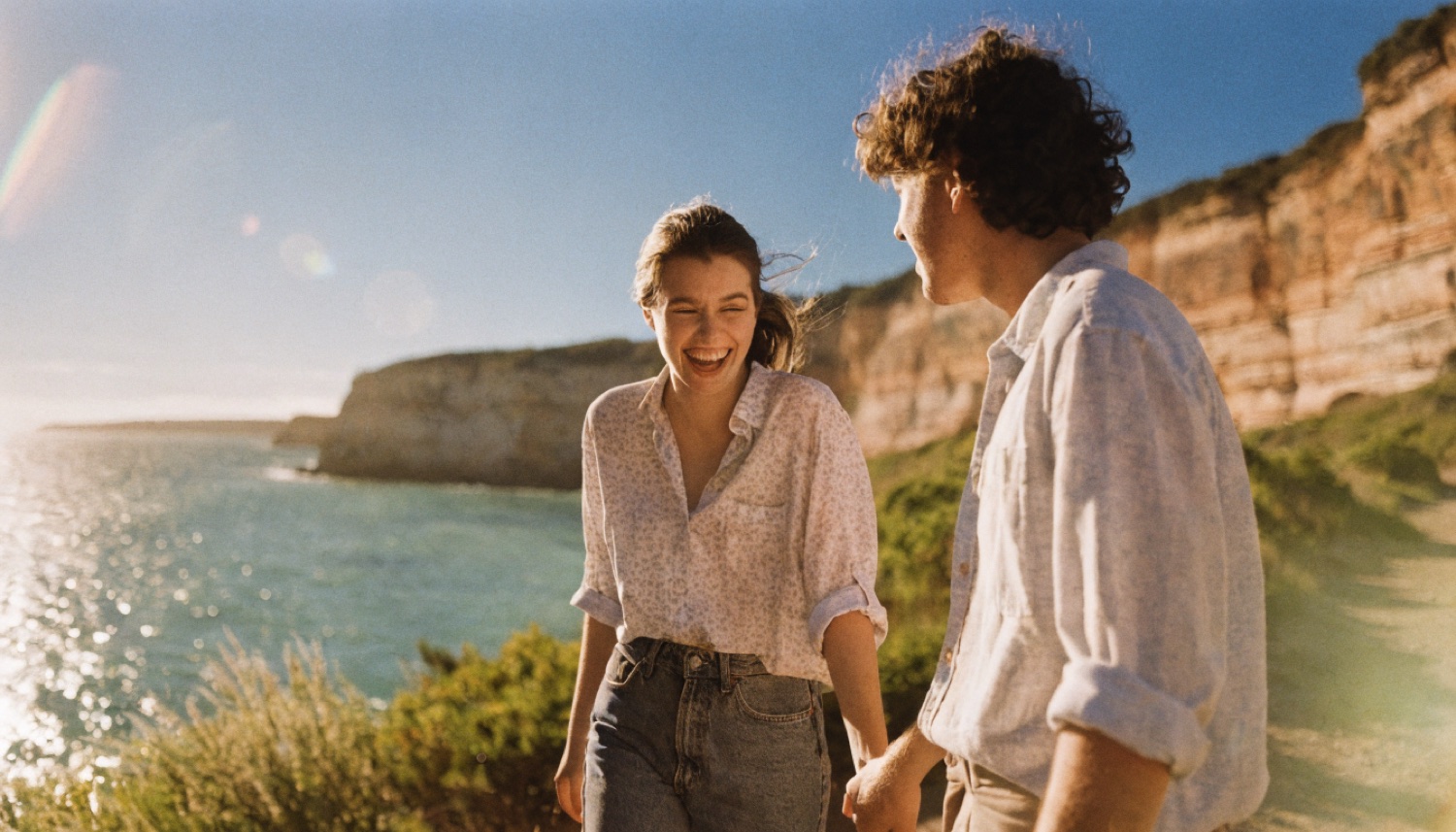 A couple at a Sydney beach at golden hour